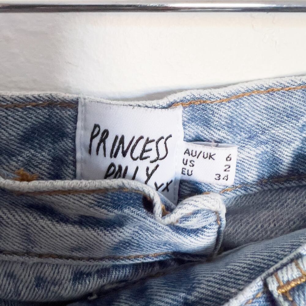 Princess Polly Short Sz 2 Crossover Xena Denim Jeans Cut Off Cross High Rise - Picture 3 of 6